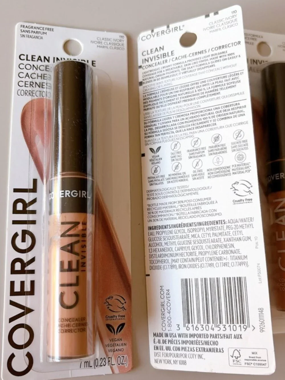 Lot of 3 CoverGirl Clean Invisible Concealer 110 Classic Ivory 0.23 fl oz